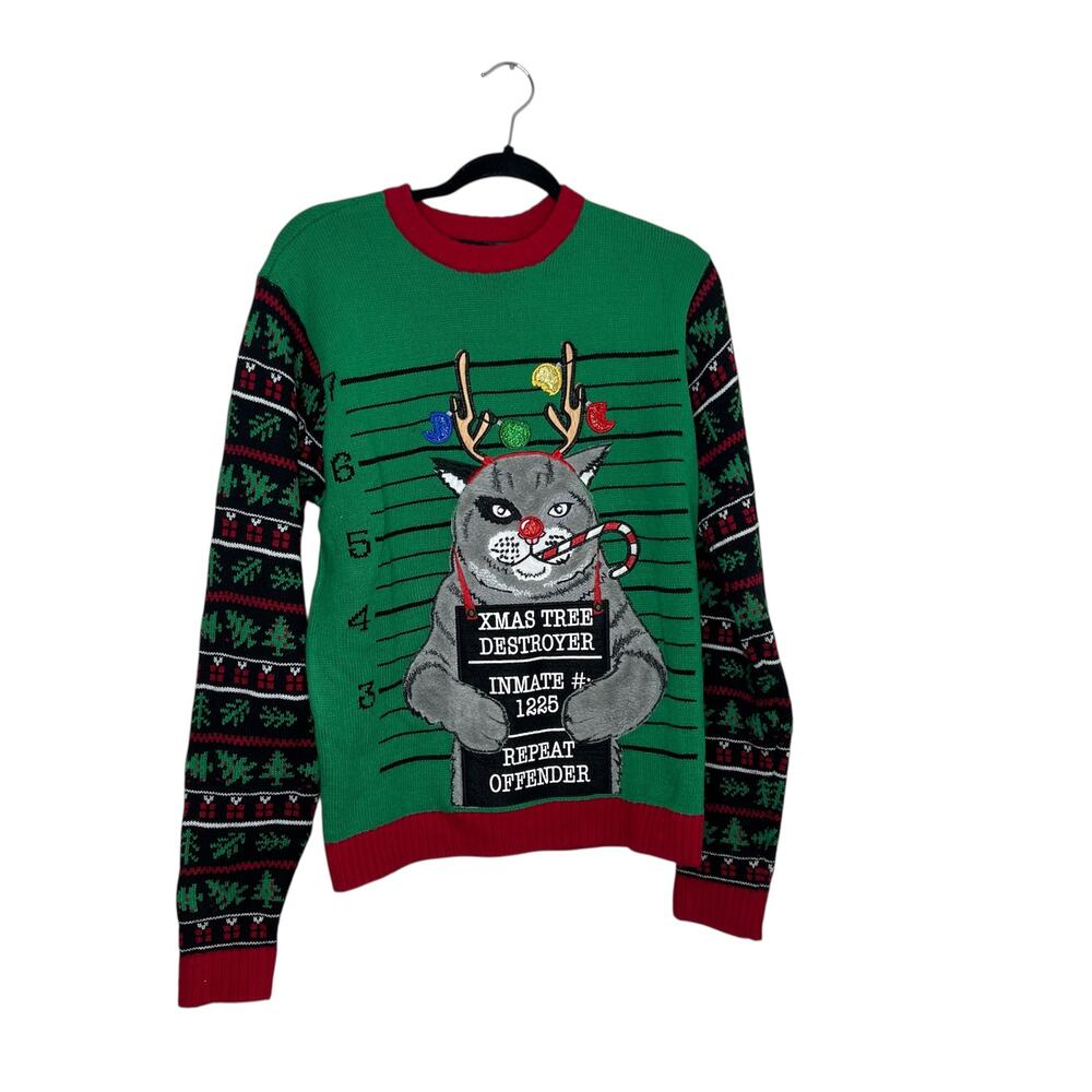 Blizzard Bay Christmas Mug Shot Cat "Xmas Tree Destroyer" Sweater Size Medium